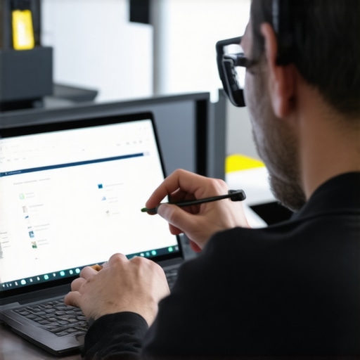 Laptop Calibration Technique for Long-Term Performance Technician adjusting color calibration on a laptop screen in a professional setup.