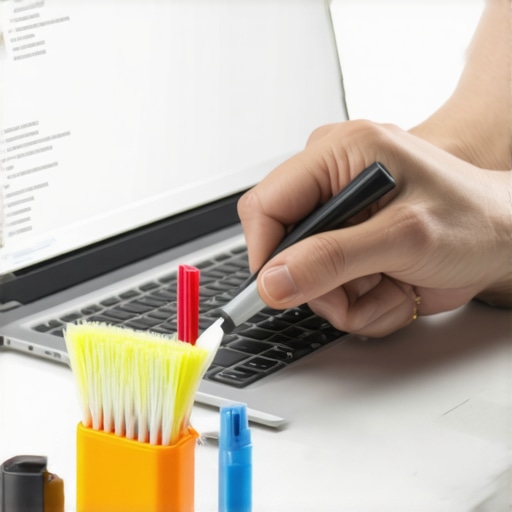Person cleaning and updating a laptop in a home office setting.
