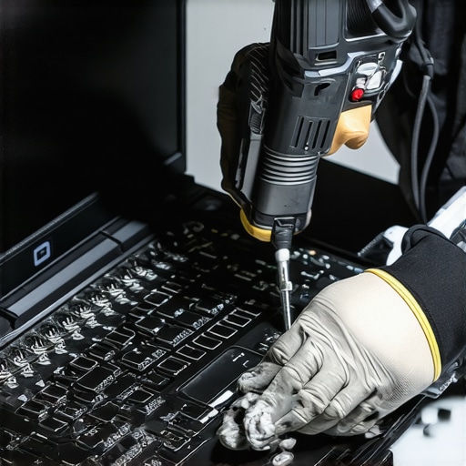 Maintaining Tech Devices for Longevity A person cleaning a laptop with a soft brush and compressed air, demonstrating proper maintenance techniques.