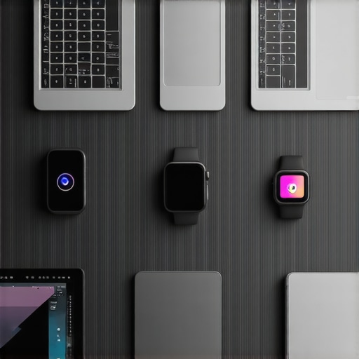 Modern Tech Gear in Action A workspace with various smart devices, laptops, and wearables highlighting their advanced features.