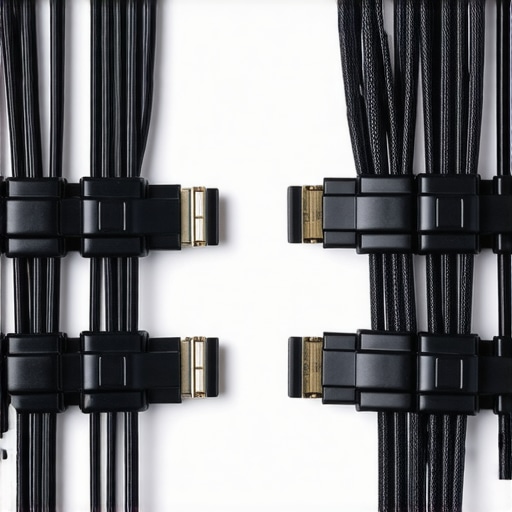 A tidy workspace showing organized computer and device cables secured with clips and sleeves