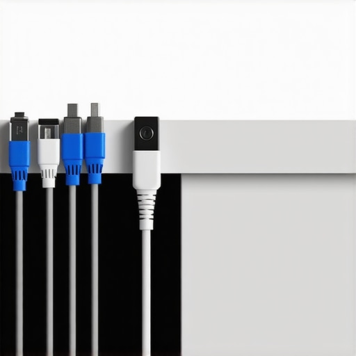 Close-up of adhesive cable clips guiding and securing multiple cables along a desk edge.