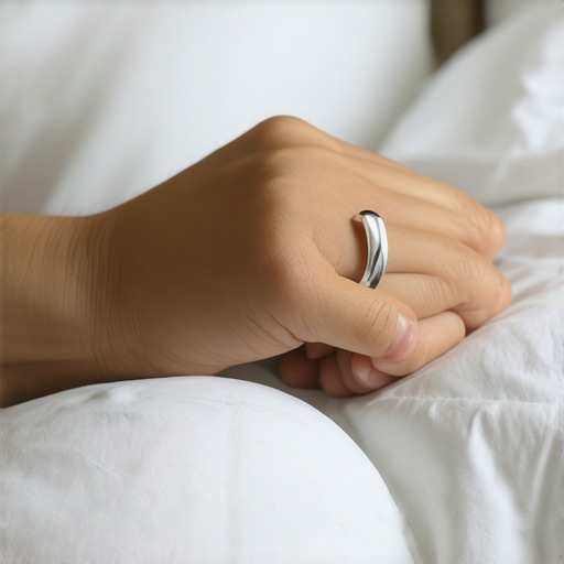 Close-up of a finger wearing a well-fitted smart ring during sleep, demonstrating correct positioning for data accuracy