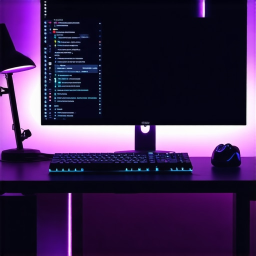A sleek gaming desk with adjustable lighting for eye comfort and ambiance.
