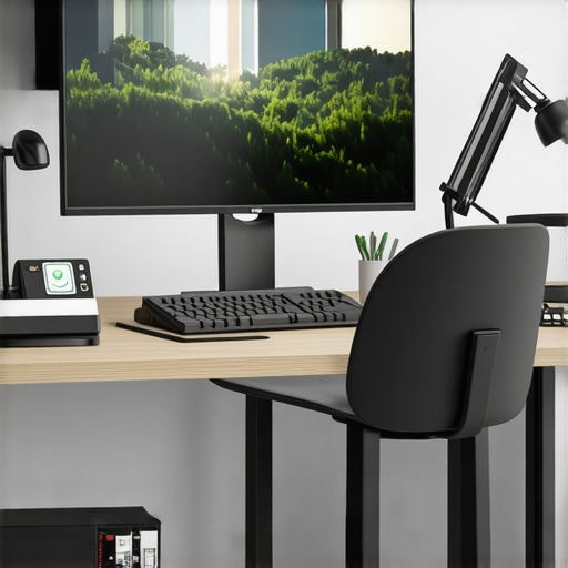 Optimized Home Office Setup with Ergonomic and Smart Devices Home office with sit-stand desk, ergonomic keyboard, and smart posture devices