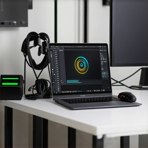 Optimized Home Office Setup with Proper Maintenance Tools A tidy workspace showing organized cables, a laptop displaying system stats, and calibration equipment.