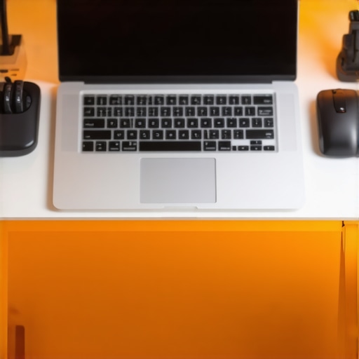 Laptop, ergonomic mouse, and smart devices arranged neatly on a modern home office desk