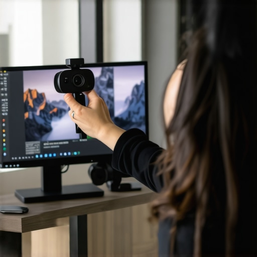Person adjusting webcam on a monitor with proper lighting and ergonomic setup