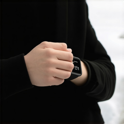 Person adjusting their fitness tracker outdoors in winter with snow.