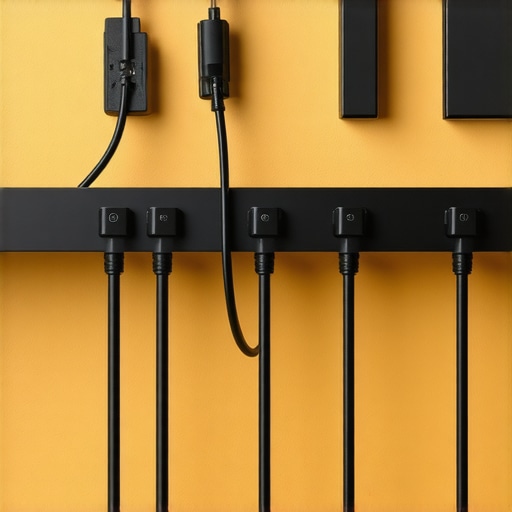 Neatly arranged cables secured with clips and sleeves behind a home office desk
