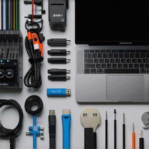 Organized Tech Workspace for Maintenance A tidy home office with labeled cable organizers and cleaning tools for devices