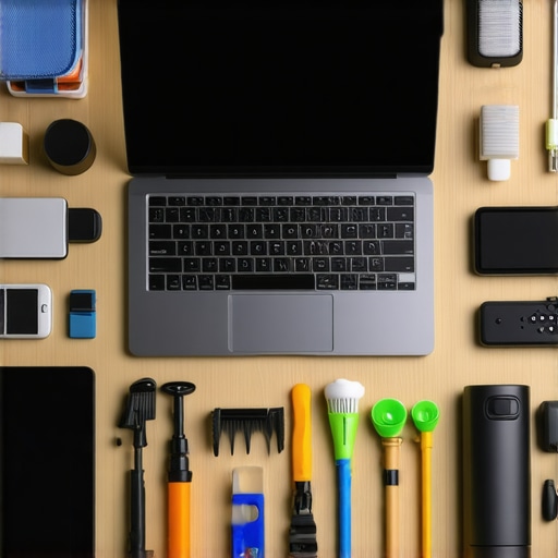 Organized Tech Workspace with Maintenance Tools A clean and organized home office desk with tools and gadgets for device upkeep.