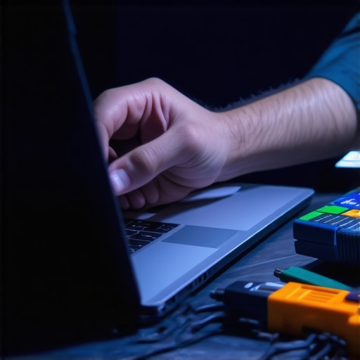 Technician using diagnostic equipment to calibrate a laptop's battery