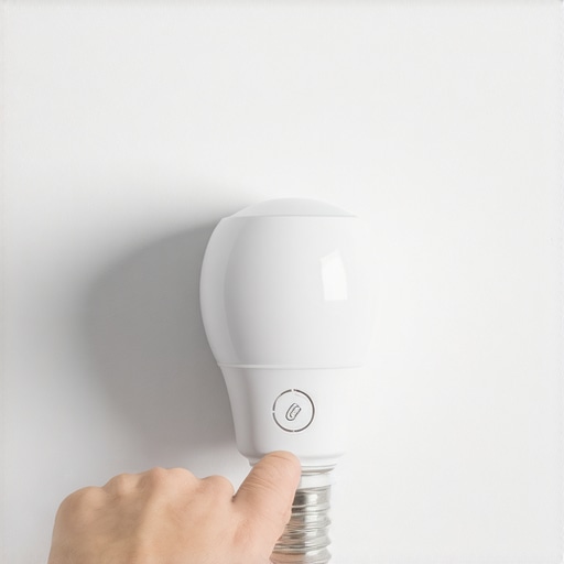 Close-up of a hand pressing the reset button on a smart bulb with blinking indicator light.