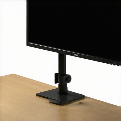 Close-up of a clamp monitor mount gripping a wooden desk, supporting a monitor in an ergonomic setup.