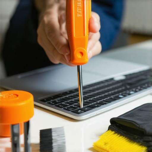 Tech Maintenance Tools for Home Office Person maintaining and cleaning laptop and smart home devices with specialized tools in a home office setting