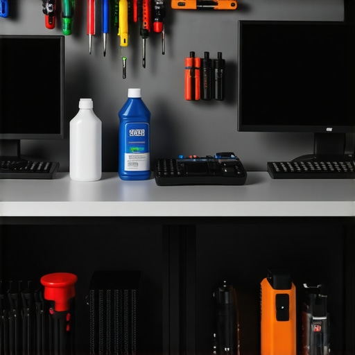 Tech Maintenance Tools in a Home Office Tools and equipment used for maintaining and calibrating home office gadgets and smart devices.