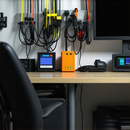 Tech Maintenance Workspace Organized workspace with cables, laptops, and smart devices for maintenance