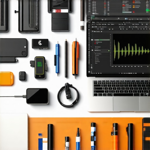 Tech Maintenance Workspace Setup A home office with organized cables, a laptop displaying device health dashboards, and cleaning tools.