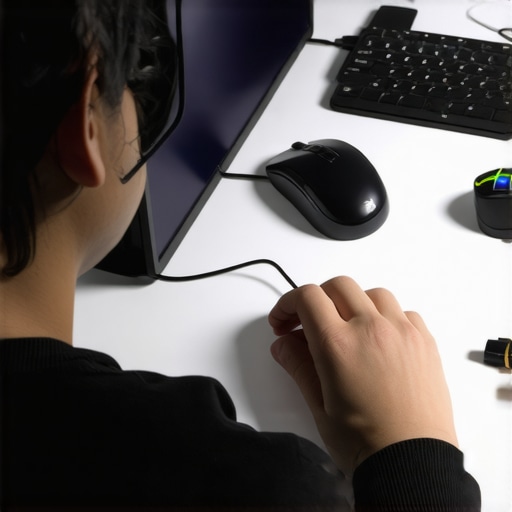 Troubleshooting Wireless Mouse Interference Person inspecting a wireless mouse and computer setup for interference sources