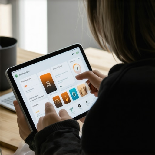 Person backing up smart home routines on a tablet with connected devices in background
