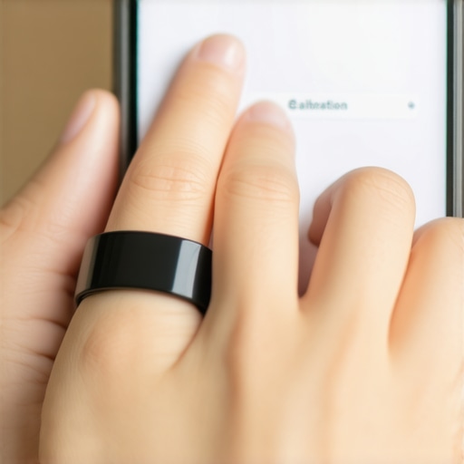 Person calibrating smart ring on finger using mobile app interface