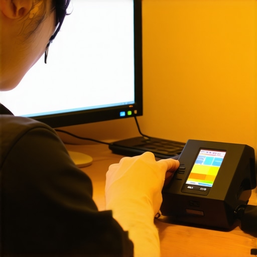 Person using a colorimeter device to calibrate a computer monitor for color accuracy.