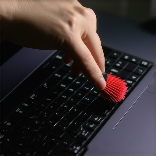 Careful Cleaning of Laptop Keys Person cleaning laptop keyboard with a brush and alcohol solution