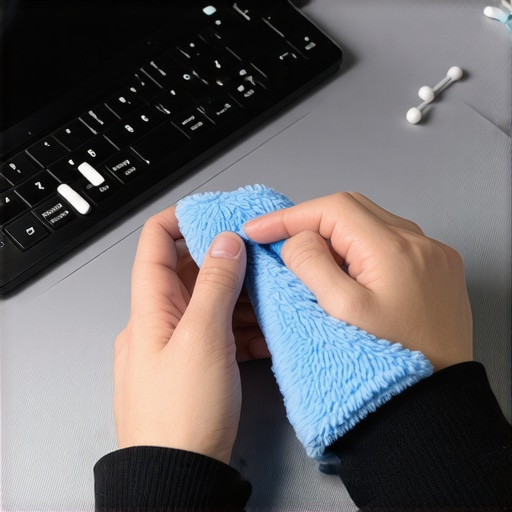 Person gently cleaning a laptop trackpad with microfiber cloth and cotton swabs.