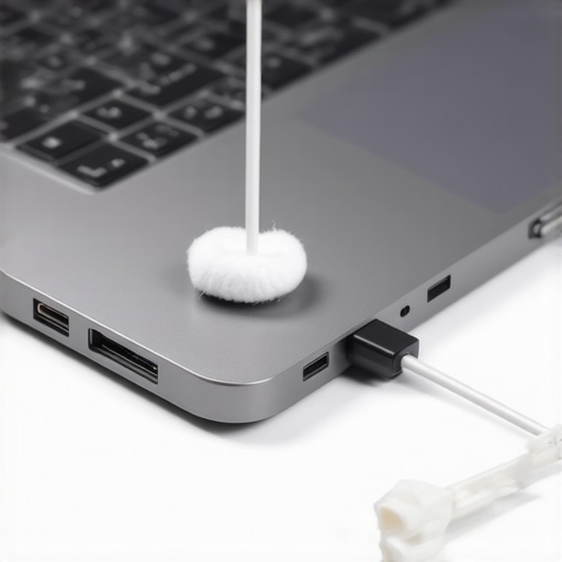 Person cleaning a laptop's charging port with a cotton swab and compressed air
