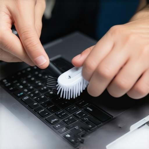 Cleaning Laptop Speakers Person using a soft brush to clean laptop speaker grills with compressed air