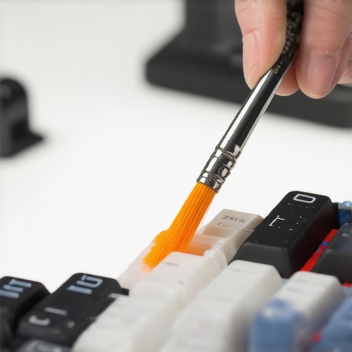 Cleaning Mechanical Keyboard for Long-Term Performance Person using a precision brush to clean dust from a mechanical keyboard switch in a modern home office environment