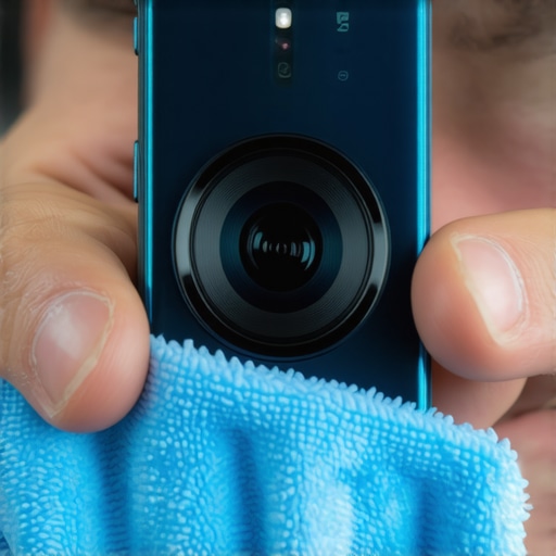 Person cleaning the camera lens of a smartphone with a microfiber cloth.