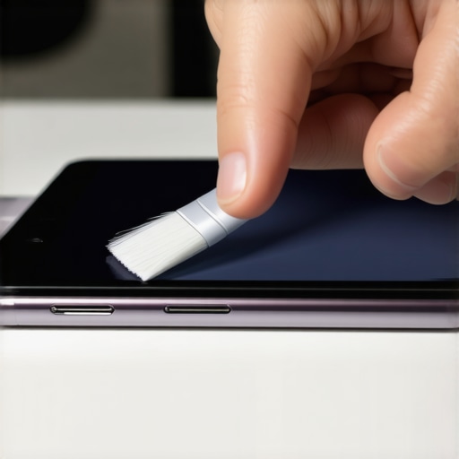 Person gently cleaning a tablet's charging port with a soft brush