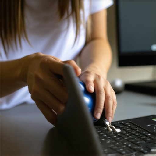 Cleaning Your Home Office Equipment Person using compressed air to clean a laptop in a tidy home office.
