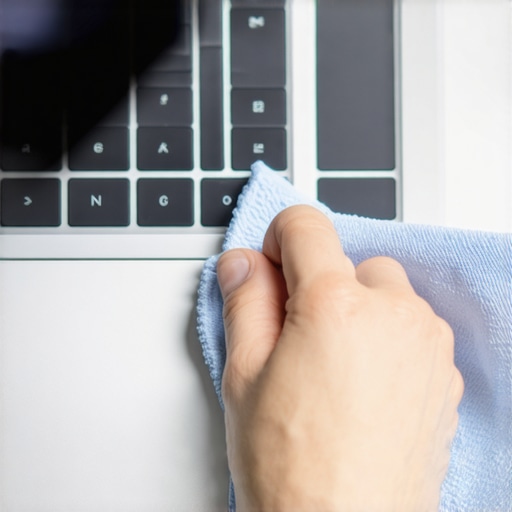 Person cleaning laptop touchpad with microfiber cloth
