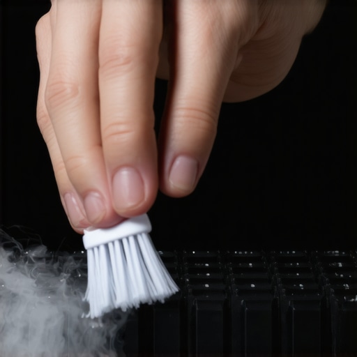 A person cleaning dust from a mechanical keyboard using compressed air