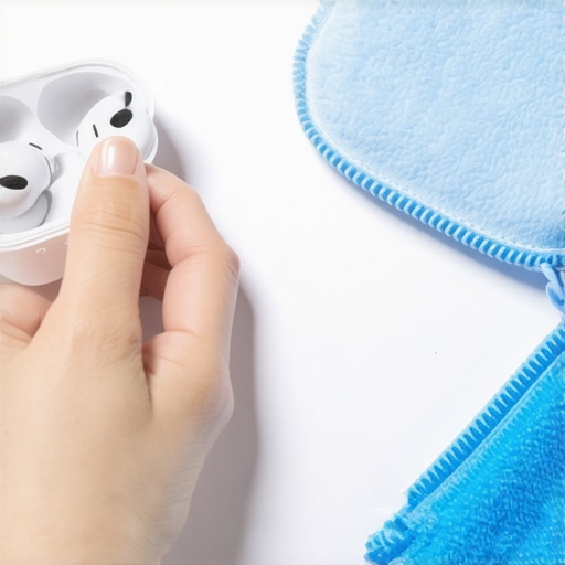 Close-up of hand cleaning earbuds case with swab and cloth