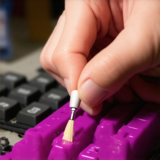 Person using a precision brush and lubricant to clean and improve mechanical keyboard switches, inside the open keyboard case.