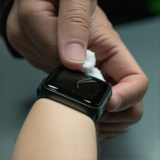Person using microfiber cloth and alcohol wipe to clean smartwatch sensors