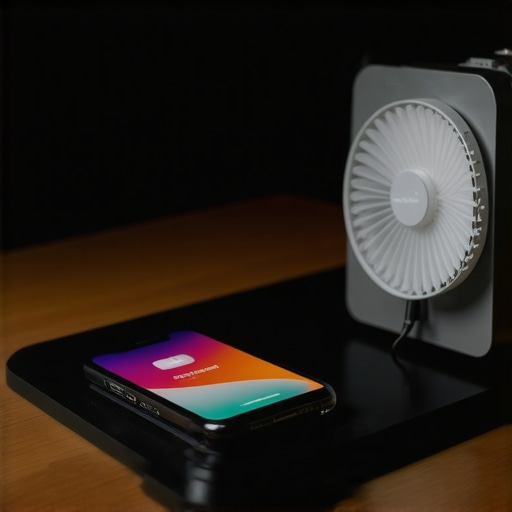 Cooling Setup for Smartphone Recording Smartphone placed on cooling pad with mini fan in a home office environment.