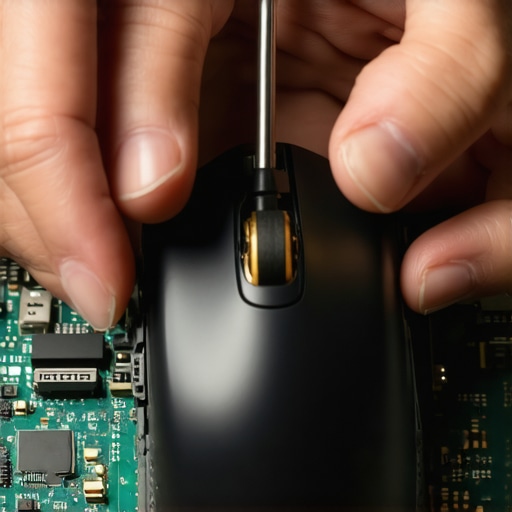 Person repairing a disassembled computer mouse with tools
