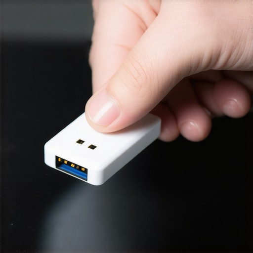 Person inserting a small plastic piece into a laptop's USB port to prevent wobbling and disconnection.