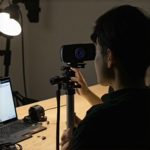 DIY Webcam Setup for Better Video Quality Person positioning webcam on a stack of books with proper lighting for a clear video call