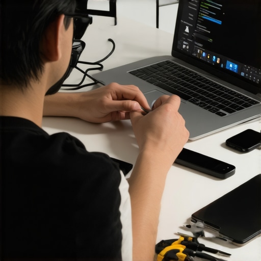 Dedicated Home Office Maintenance Setup Person cleaning and calibrating their tech devices in a clean, organized workspace.
