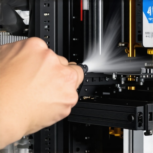 Person cleaning computer components with compressed air