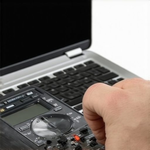 Technician testing a laptop with a multimeter to diagnose hardware problems.