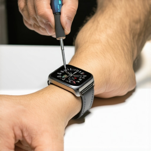 Person cleaning and repairing wearable tech using specialized tools in a home office setting