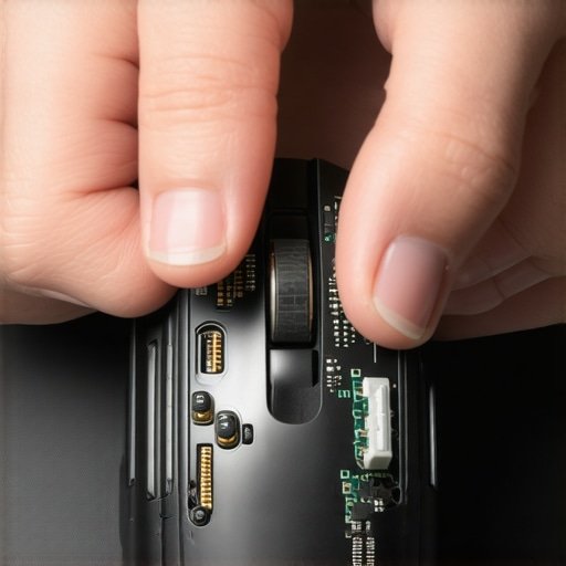 Person carefully opening a gaming mouse revealing internal parts for cleaning