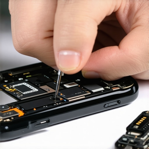 A technician opening a smartphone to fix the power button, with small screws and tools visible.